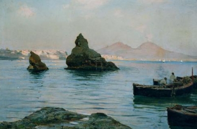 Alceste Campriani, (Terni 1848-Lucca 1933), Veduta del golfo di Napoli con Vesuvio e barche, 1890 c.